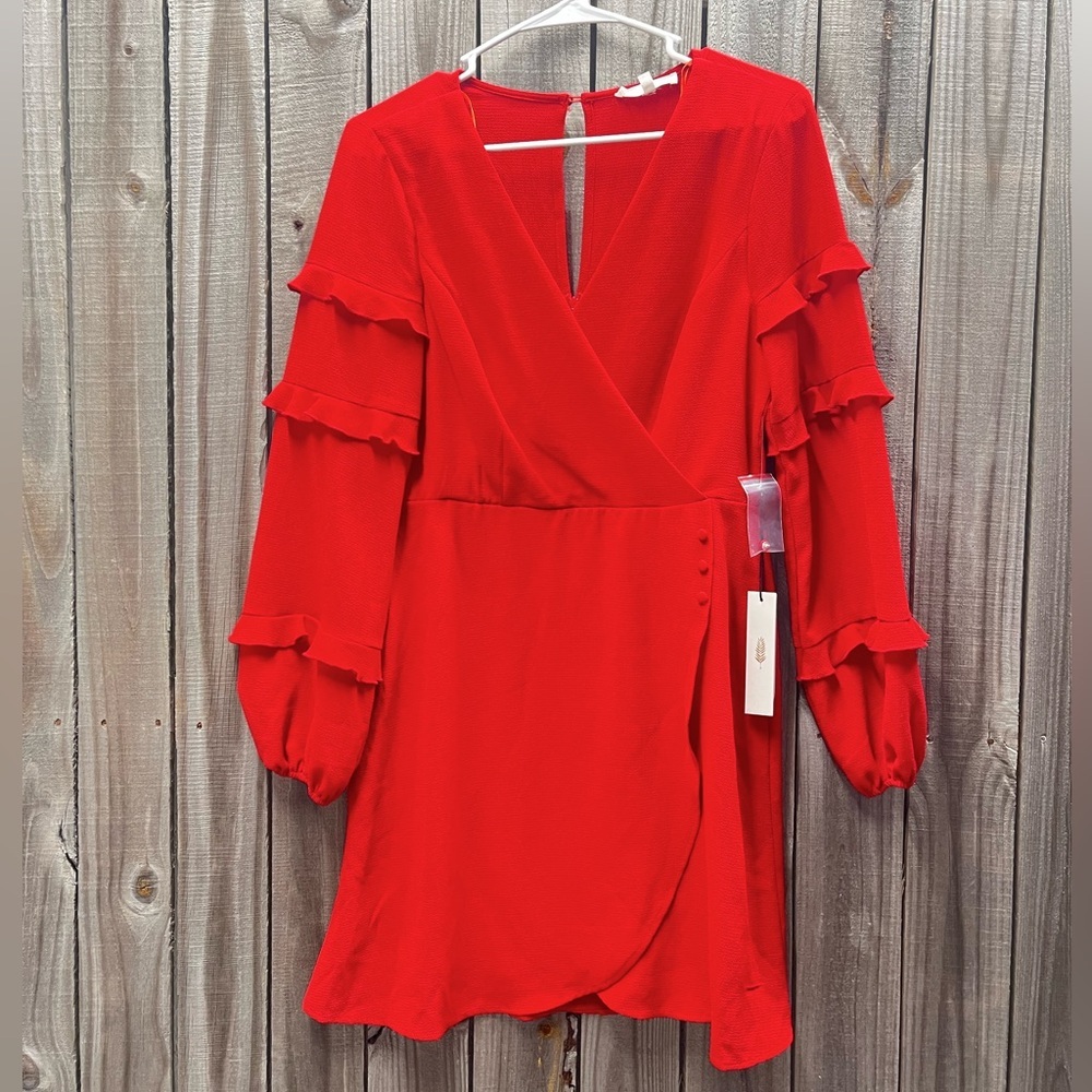 NWT red dress June & Hudson v neck ruffle sleeves faux wrap lined date night